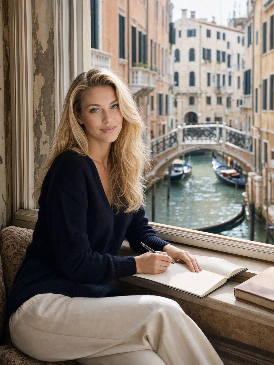 Nicole Junkerman a una finestra affacciata su un canale veneziano nella luce d'estate