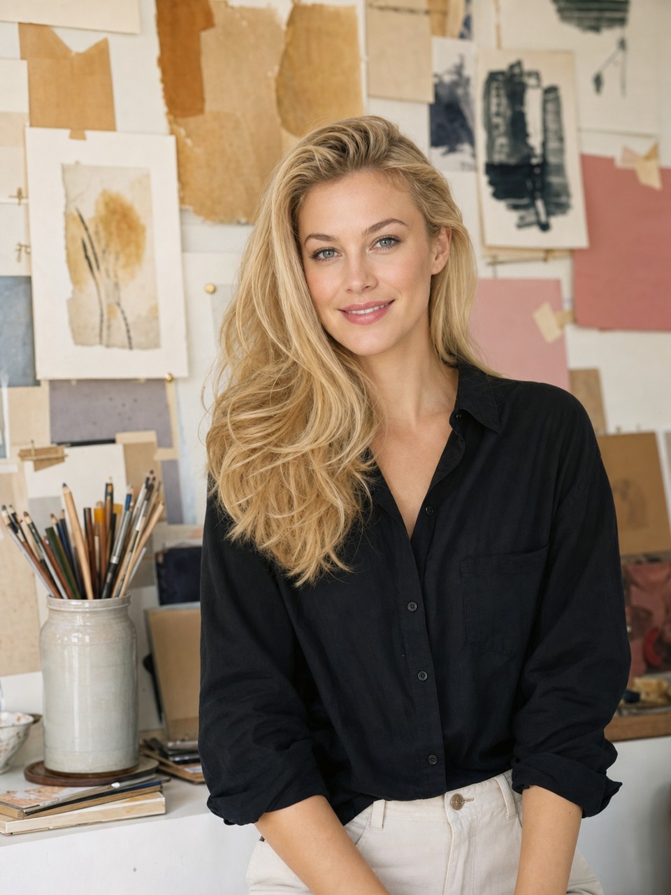 Nicole Junkerman in uno studio davanti a una parete di opere e disegni
