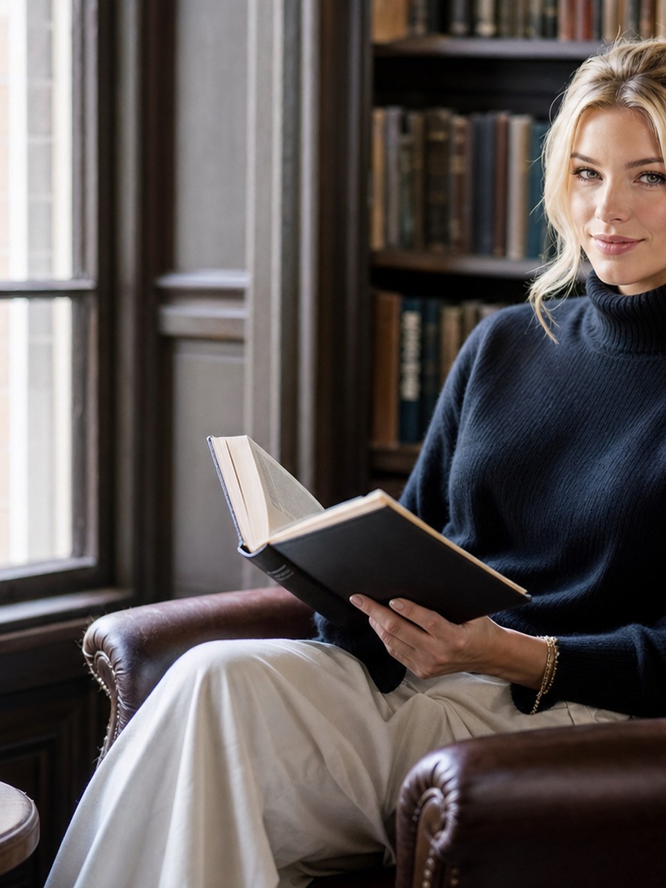Nicole Junkerman legge un libro rilegato nella luce calda di fine giugno