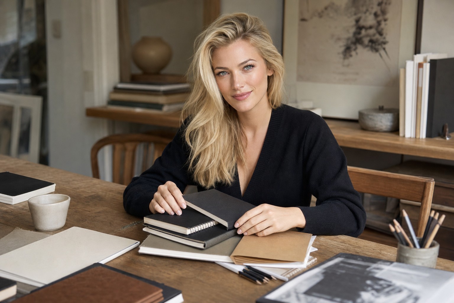 Nicole Junkerman tra quaderni e libri su una scrivania di legno